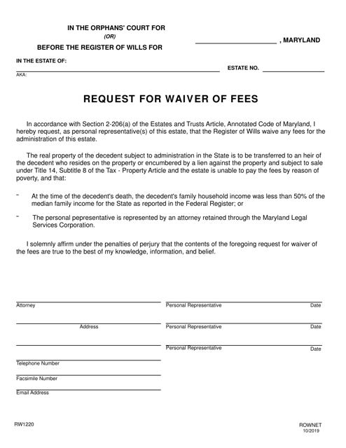 Form RW1220 Request for Waiver of Fees - Maryland