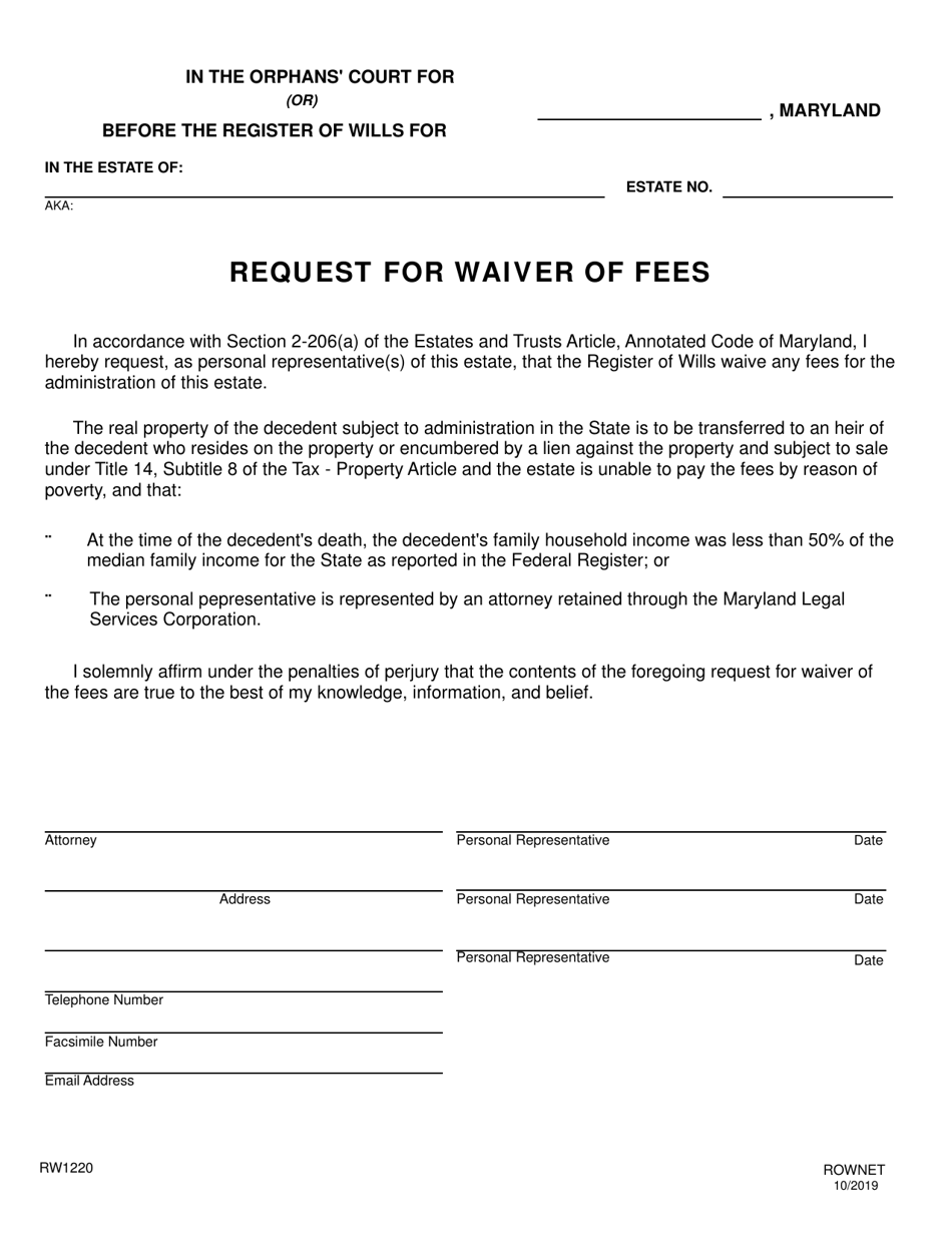 Form RW1220 Request for Waiver of Fees - Maryland, Page 1