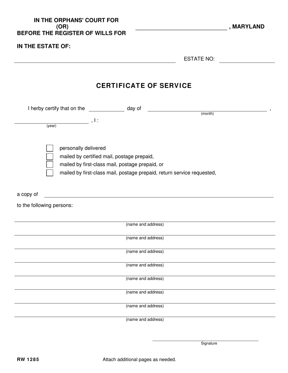 Form RW1285 Certificate of Service - Maryland, Page 1