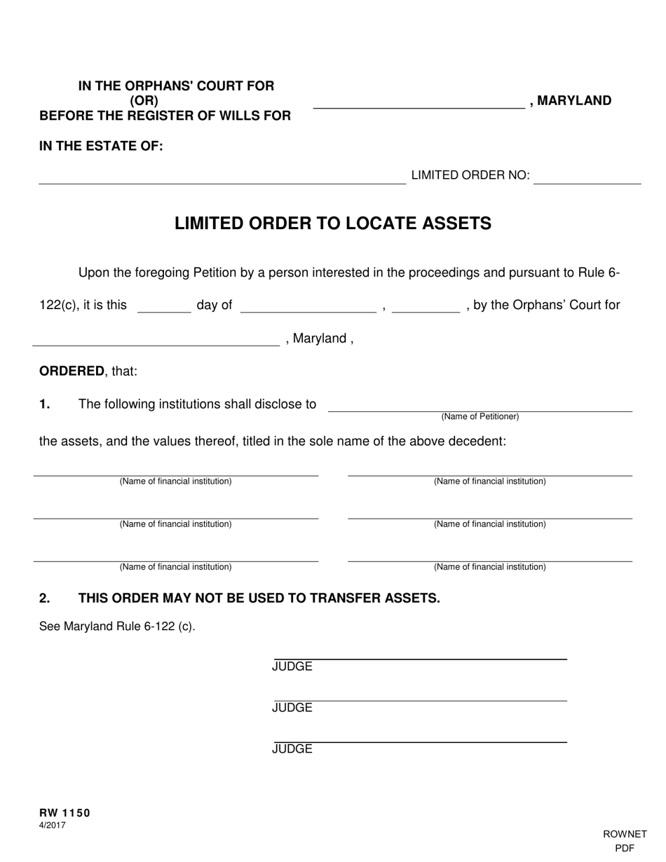 Form RW1150 Limited Order to Locate Assets - Maryland, Page 1
