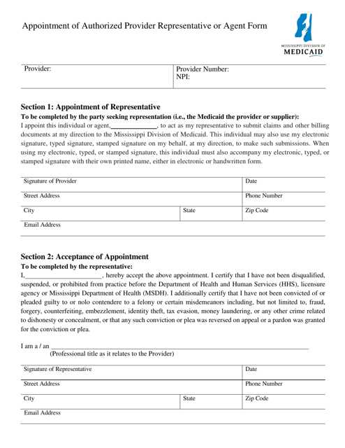 Appointment of Authorized Provider Representative or Agent Form - Mississippi Download Pdf