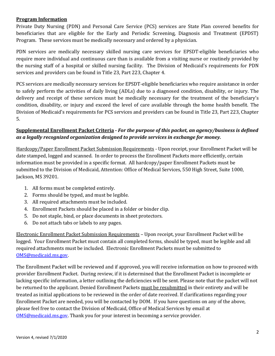 State Plan Private Duty Nursing (Pdn) and Personal Care Service (PCS) Supplemental Provider Enrollment Packet - Mississippi, Page 2