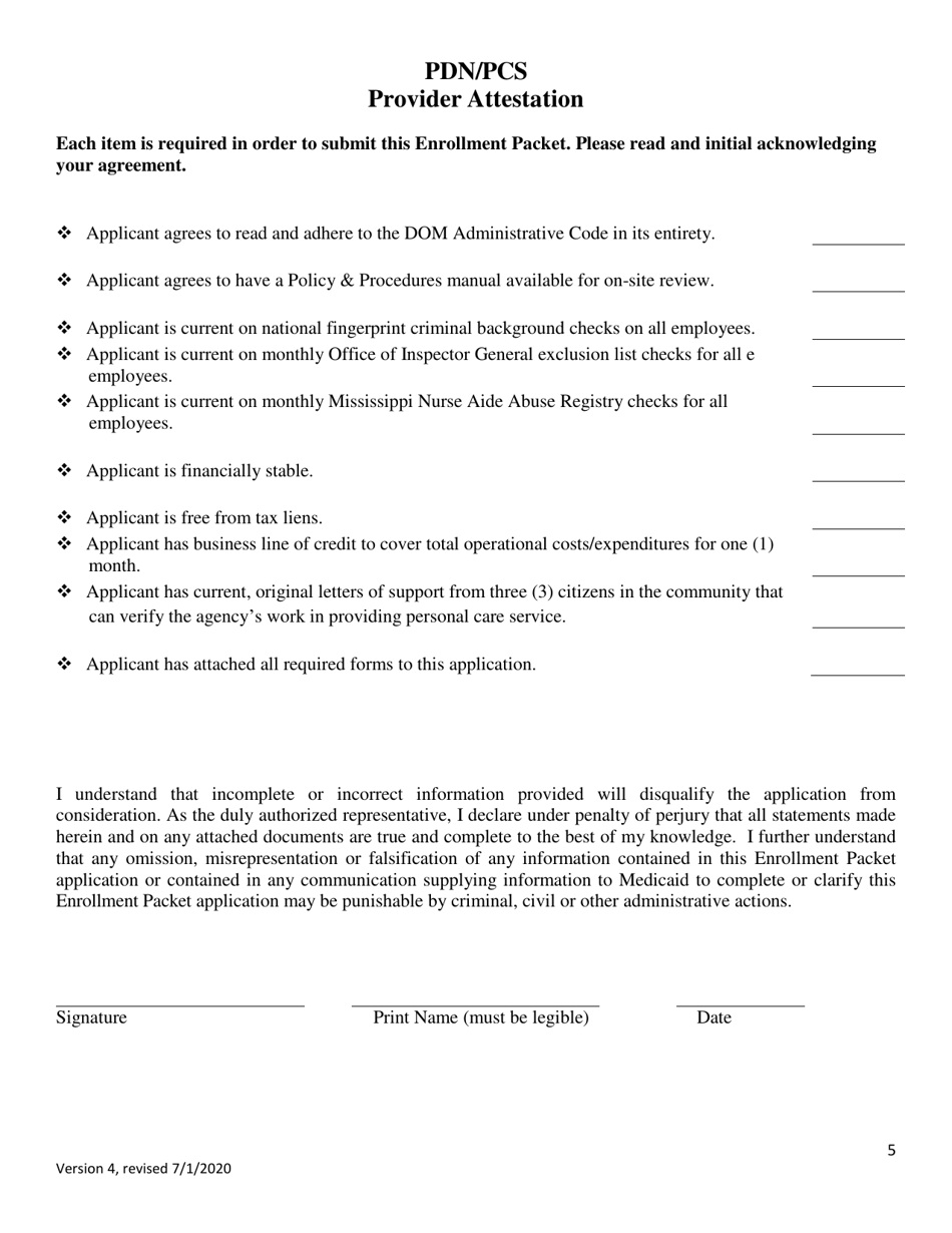 State Plan Private Duty Nursing (Pdn) and Personal Care Service (PCS) Supplemental Provider Enrollment Packet - Mississippi, Page 5