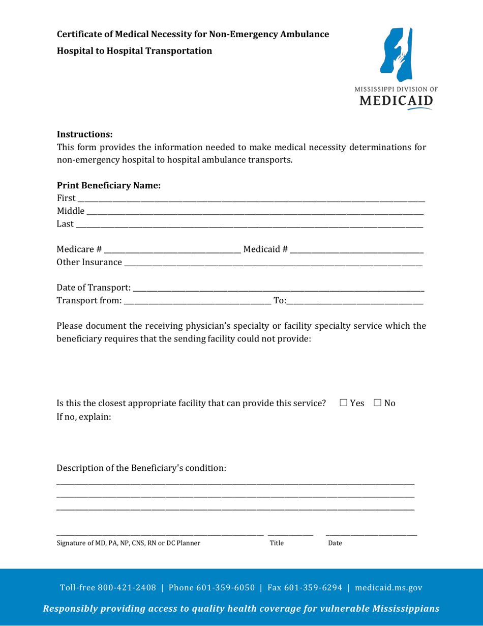 Certificate of Medical Necessity for Non-emergency Ambulance Hospital to Hospital Transportation - Mississippi, Page 1