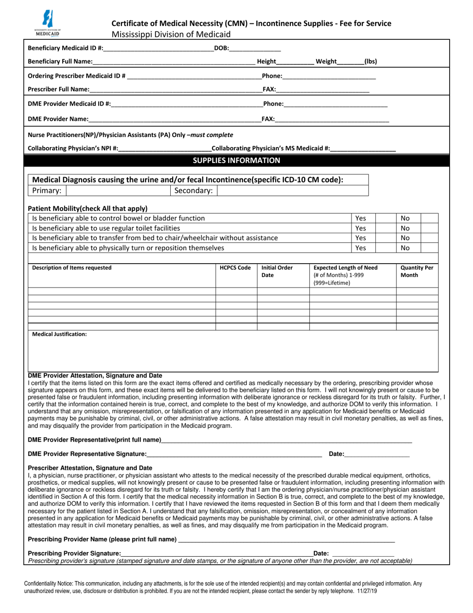 Certificate of Medical Necessity (Cmn) - Incontinence Supplies - Fee for Service - Mississippi, Page 1