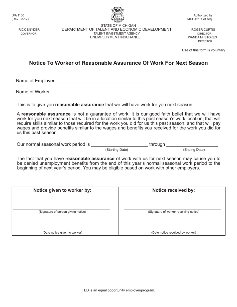 Form UIA1160 Notice to Worker of Reasonable Assurance of Work for Next Season - Michigan, Page 1