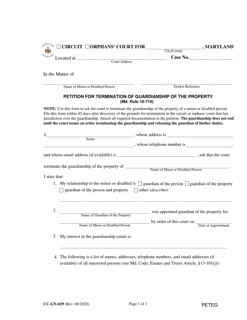 Form CC-GN-029 Petition for Termination of Guardianship of the Property - Maryland, Page 1