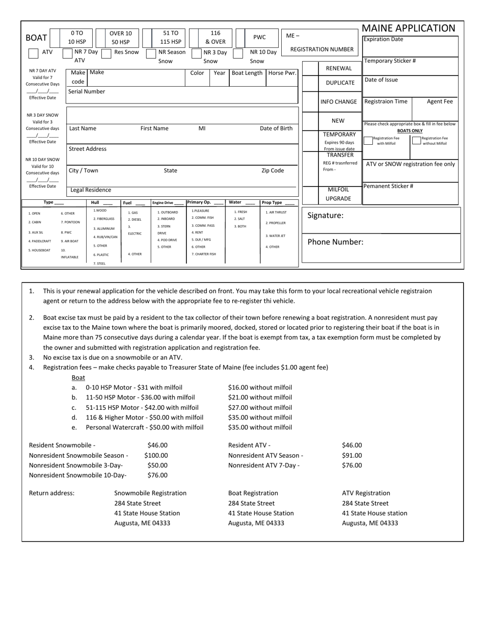 Atv, Boat and Resident Snowmobile Registration Application - Maine, Page 1