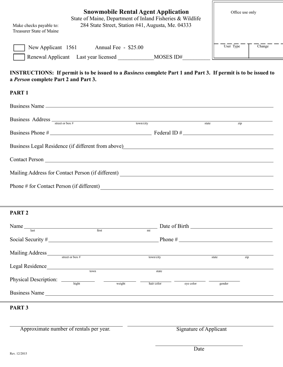 Snowmobile Rental Agent Application - Maine, Page 1