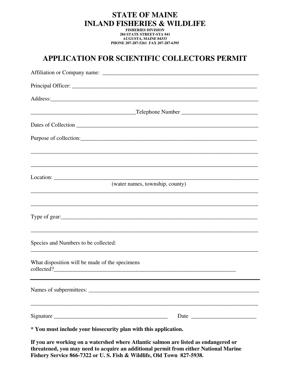 Application for Scientific Collectors Permit - Fish - Maine, Page 1