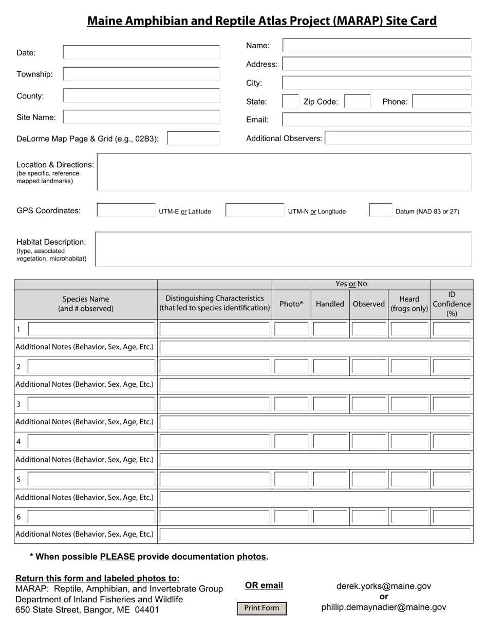 Maine Amphibian and Reptile Atlas Project (Marap) Site Card - Maine, Page 1