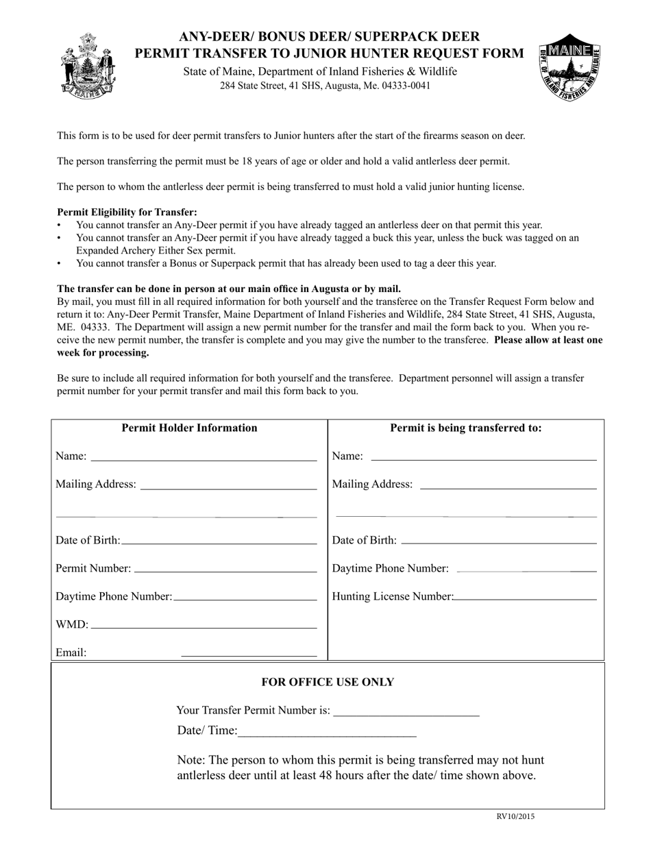 Any-Deer / Bonus Deer / Superpack Deer Permit Transfer to Junior Hunter Request Form - Maine, Page 1