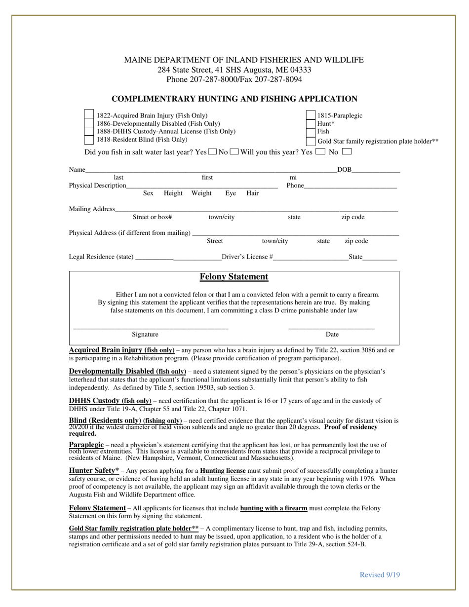 Complimentrary Hunting and Fishing Application - Maine, Page 1