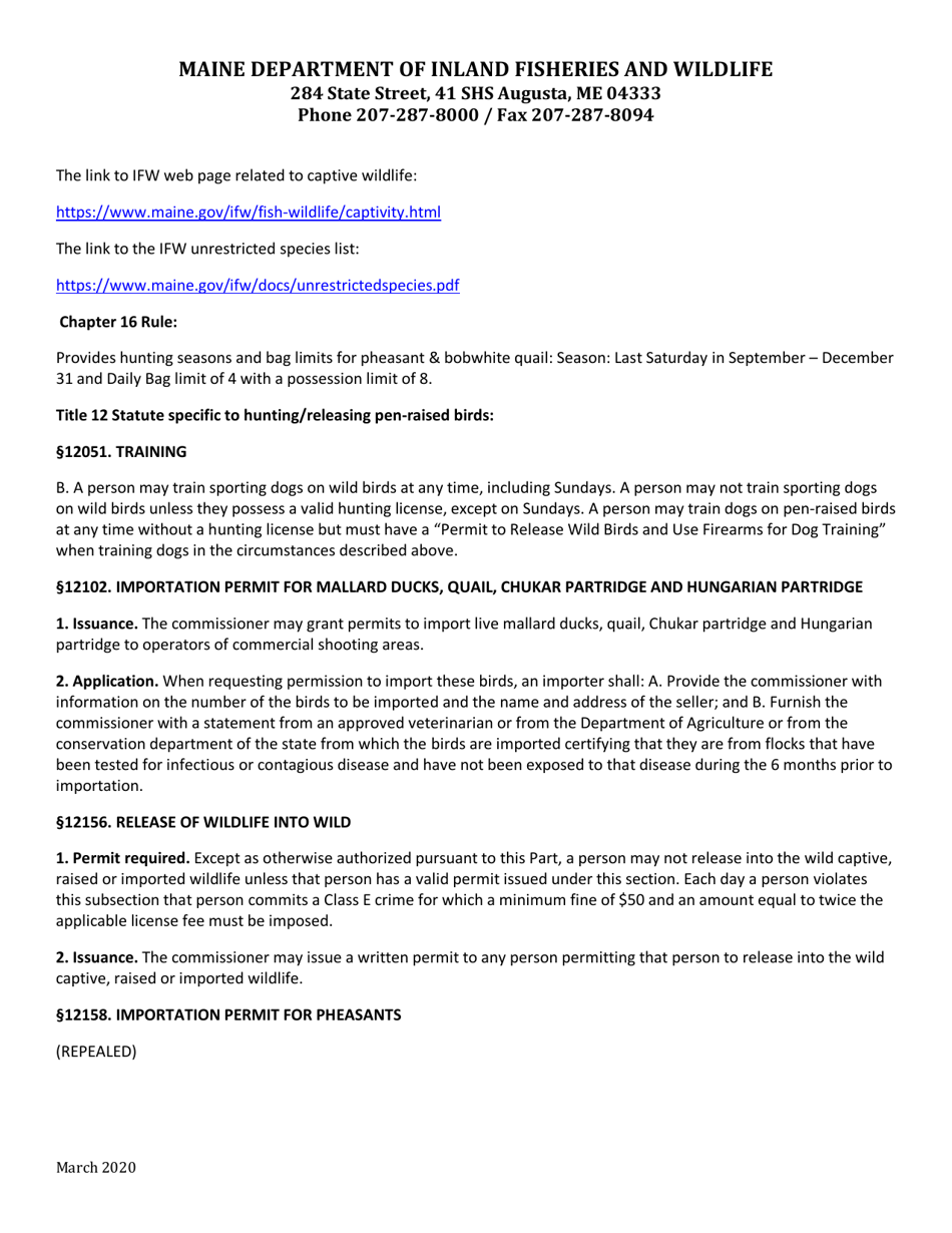 Permit to Release Wild Birds and Use Firearms for Dog Training - Maine, Page 2