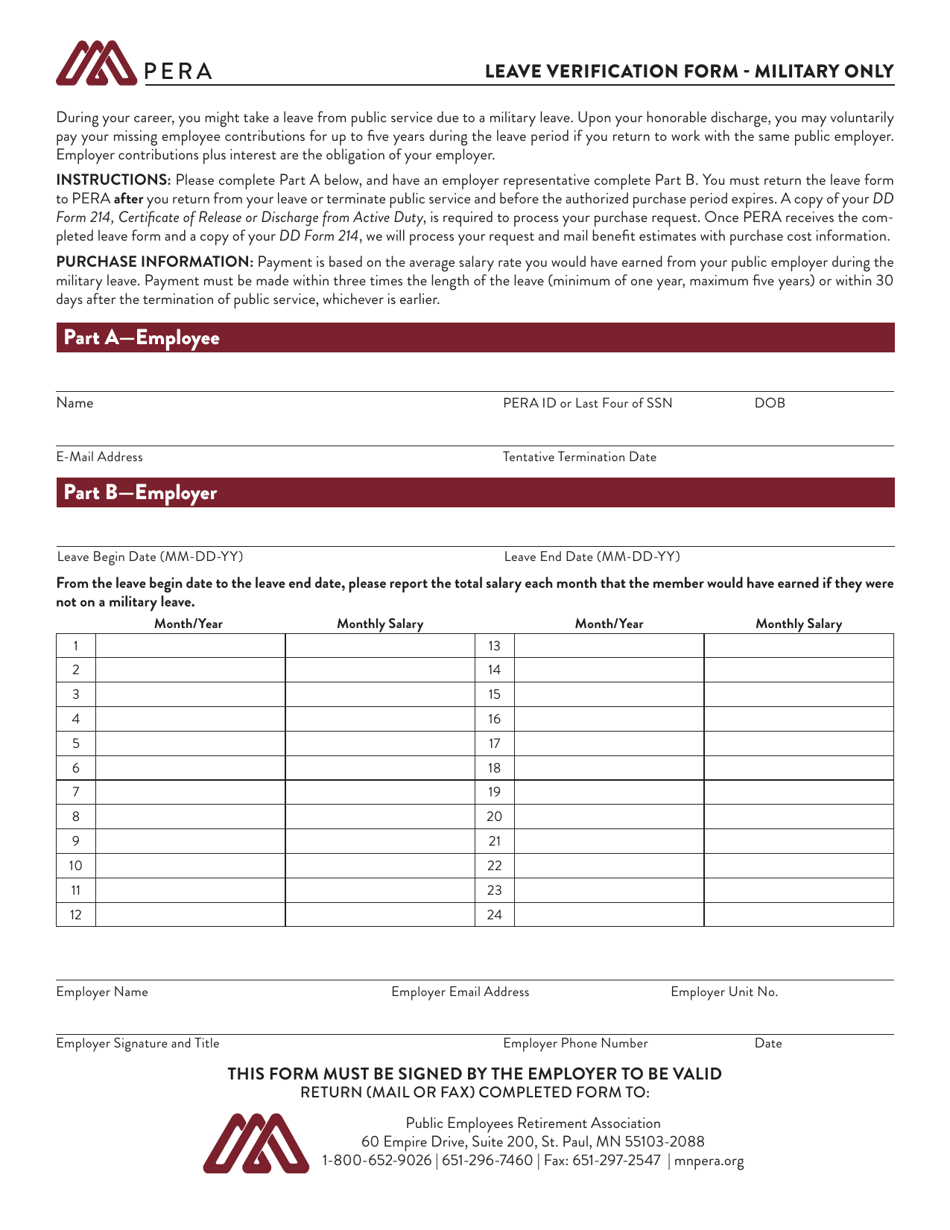 Leave Verification Form - Military Only - Minnesota, Page 1