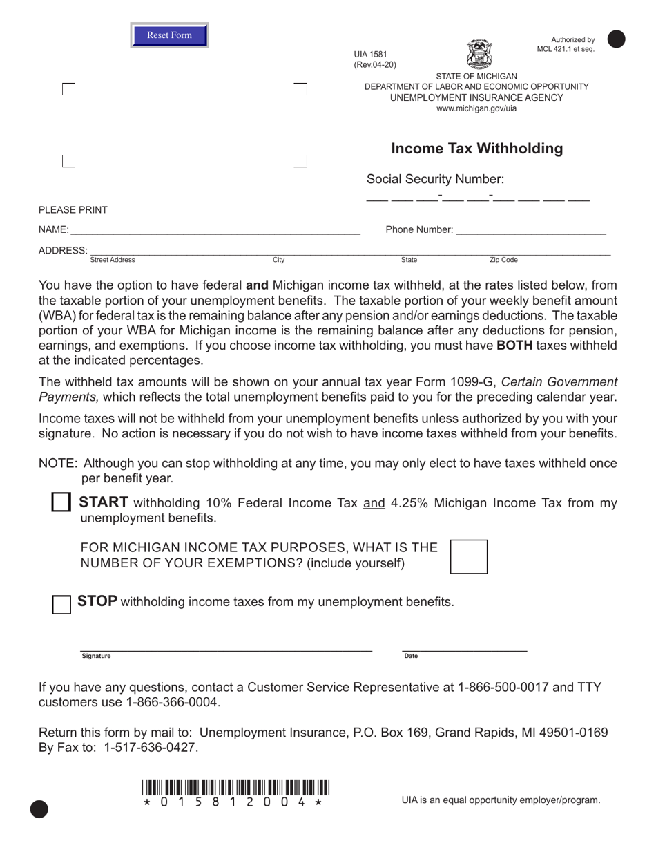 Form UIA1581 Income Tax Withholding - Michigan, Page 1