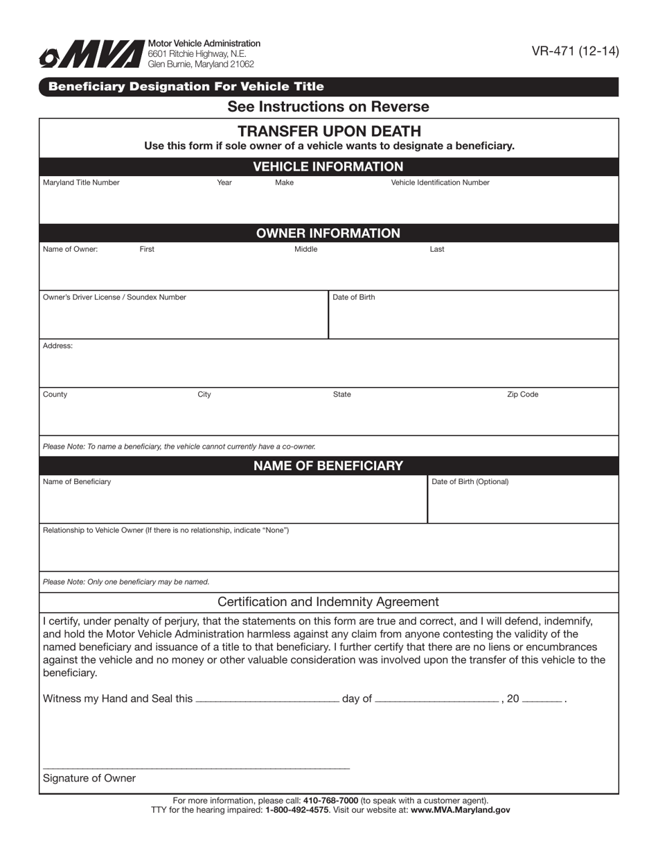Form VR-471 Beneficiary Designation for Vehicle Title - Maryland, Page 1