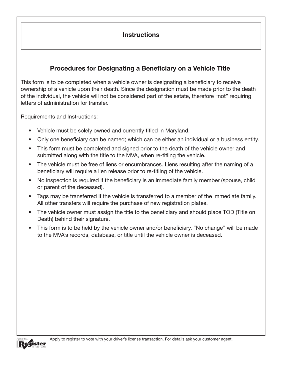 Form VR-471 Beneficiary Designation for Vehicle Title - Maryland, Page 2