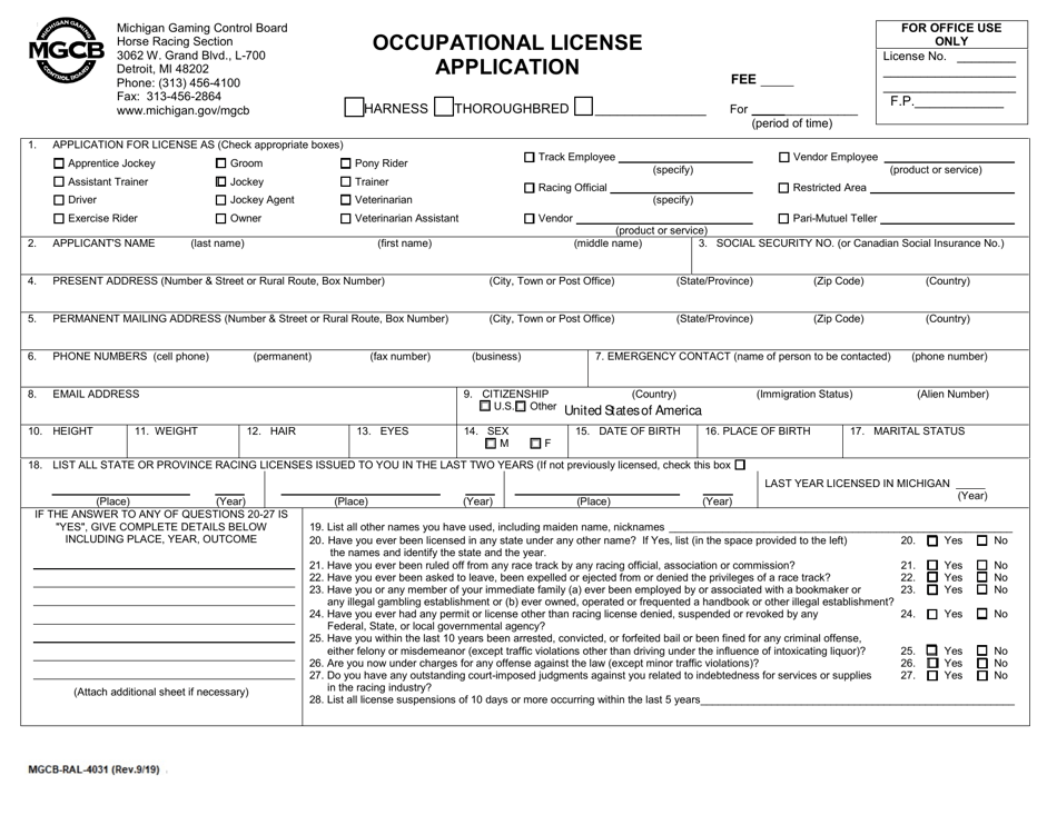 Form MGCB-RAL-4031 Occupational License Application - Michigan, Page 1