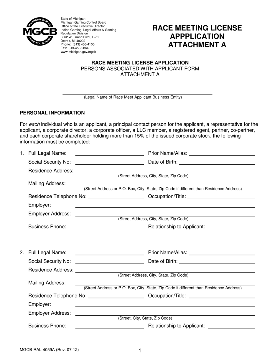 Form MGCB-RAL-4059A Attachment A Race Meeting License Application - Persons Associated With Applicant Form - Michigan, Page 1