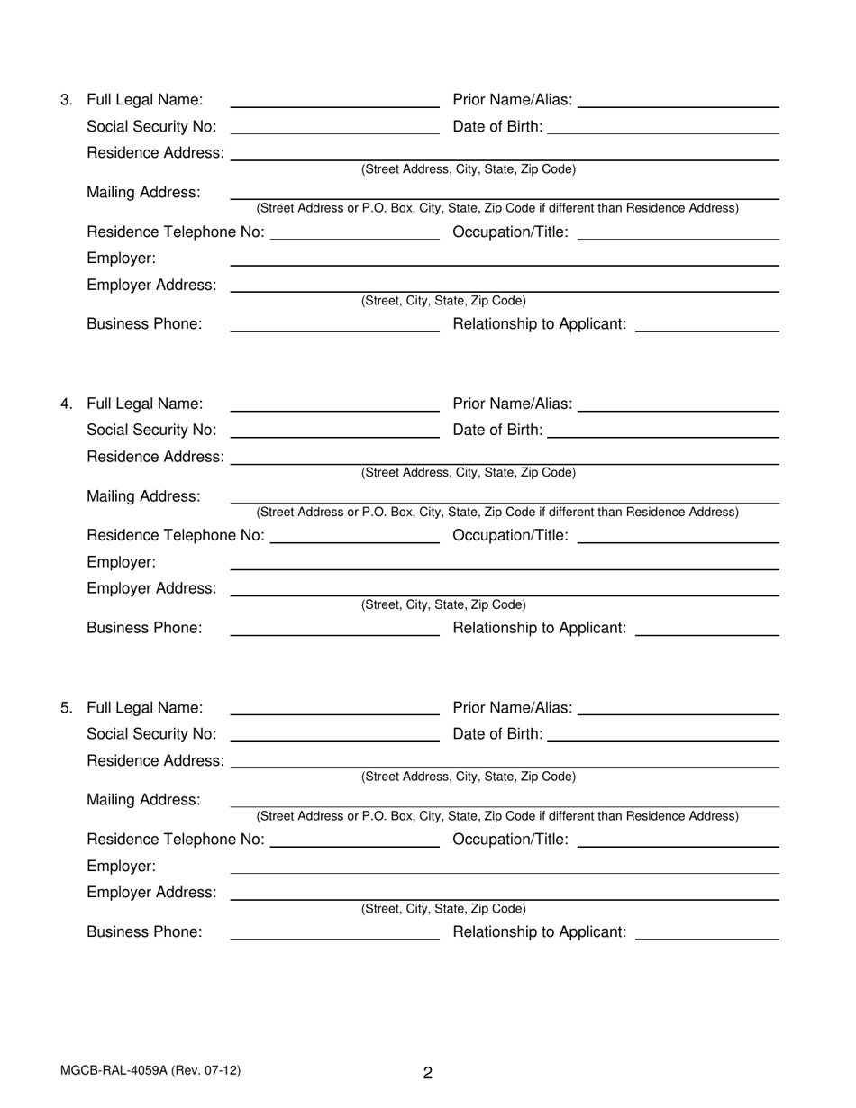 Form MGCB-RAL-4059A Attachment A Race Meeting License Application - Persons Associated With Applicant Form - Michigan, Page 2