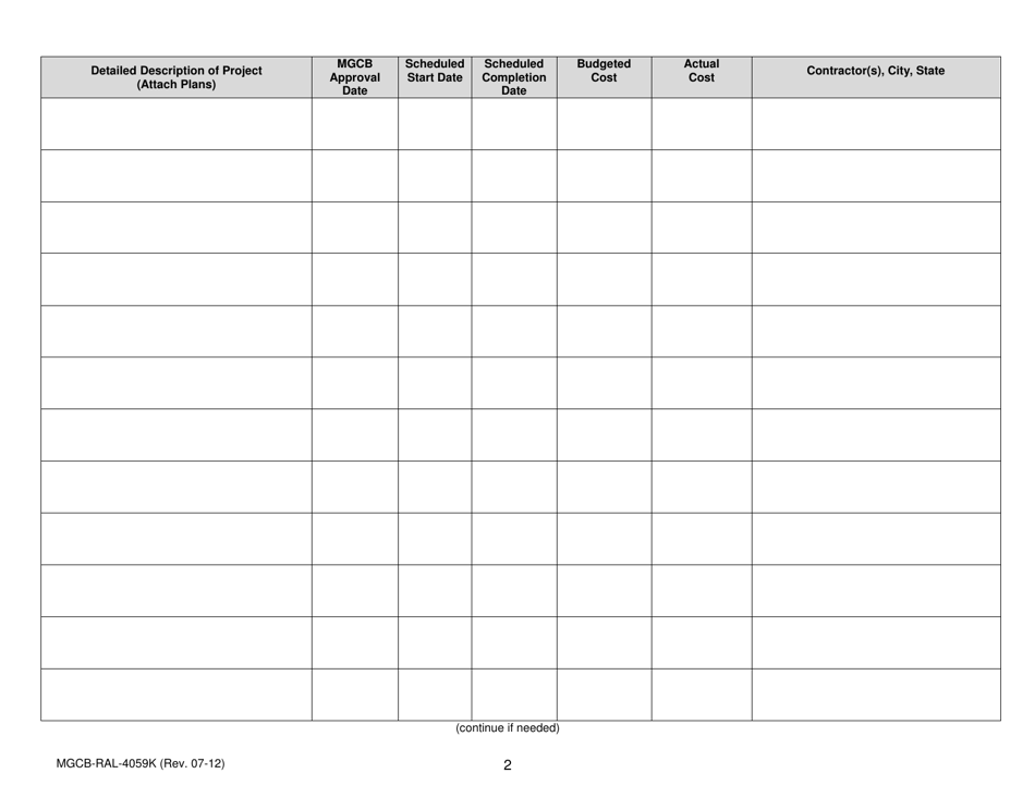 Form MGCB-RAL-4059K Attachment K Race Meeting License Application - Capital Improvements Form - Michigan, Page 2