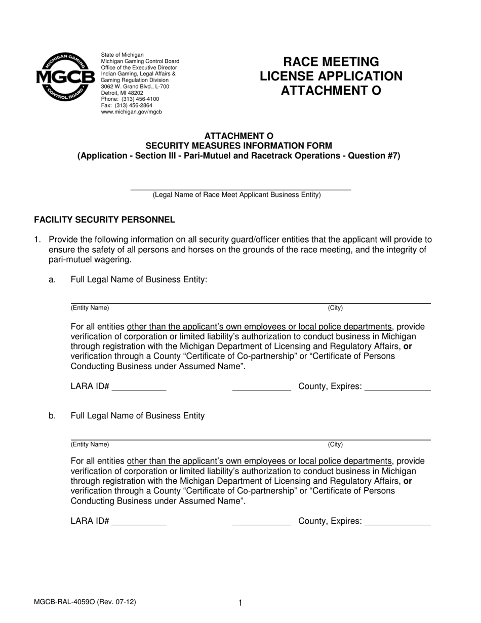 Form MGCB-RAL-4059O Attachment O Race Meeting License Application - Security Measures Information Form - Michigan, Page 1