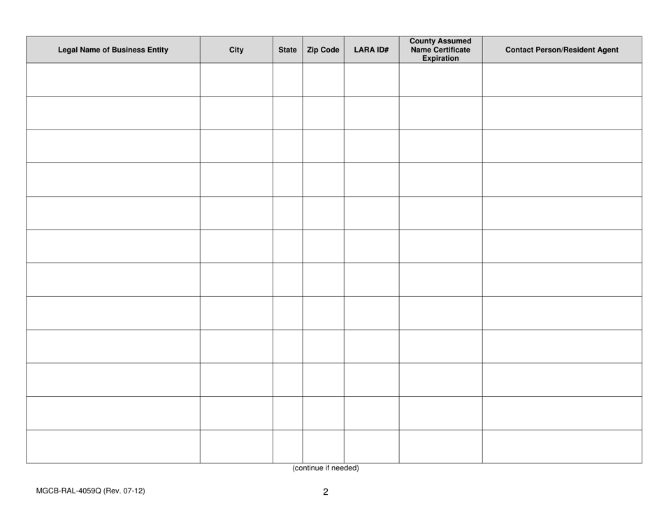 Form MGCB-RAL-4059Q Attachment Q Race Meeting License Application - Companies Contracted With That Access Restricted Areas - Michigan, Page 2