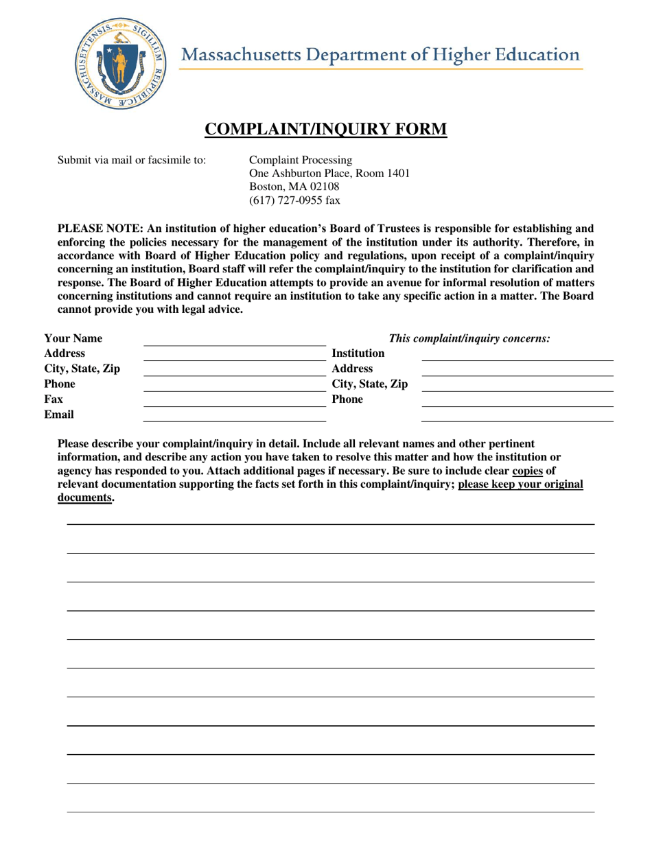 Complaint / Inquiry Form - Massachusetts, Page 1