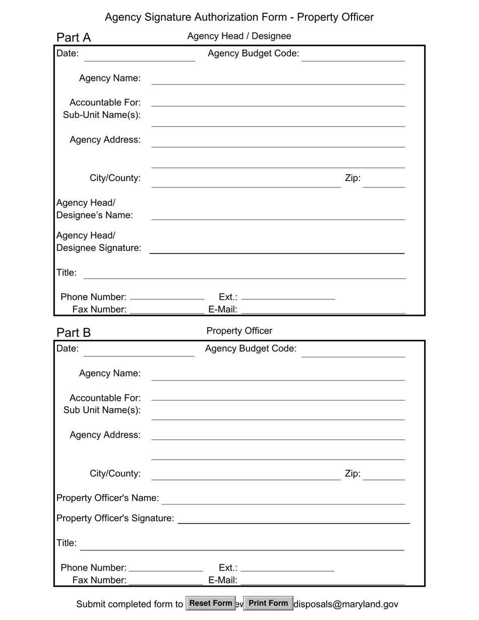 Agency Signature Authorization Form - Property Officer - Maryland, Page 1