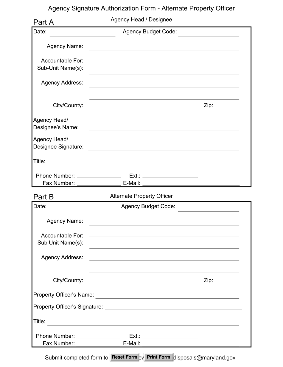 Agency Signature Authorization Form - Alternate Property Officer - Maryland, Page 1