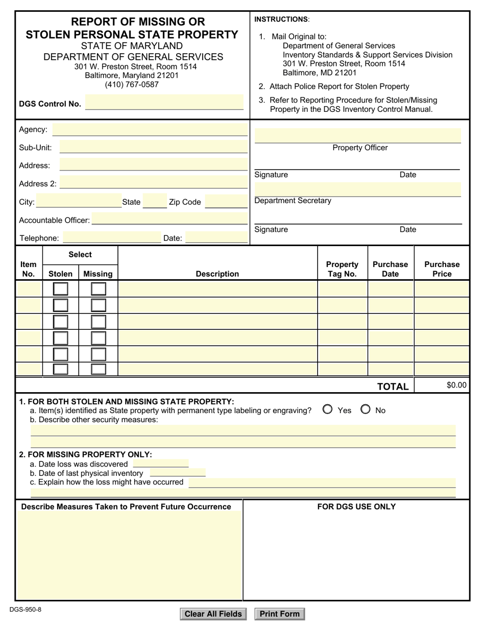 Form DGS-950-8 Report of Missing or Stolen Personal State Property - Maryland, Page 1