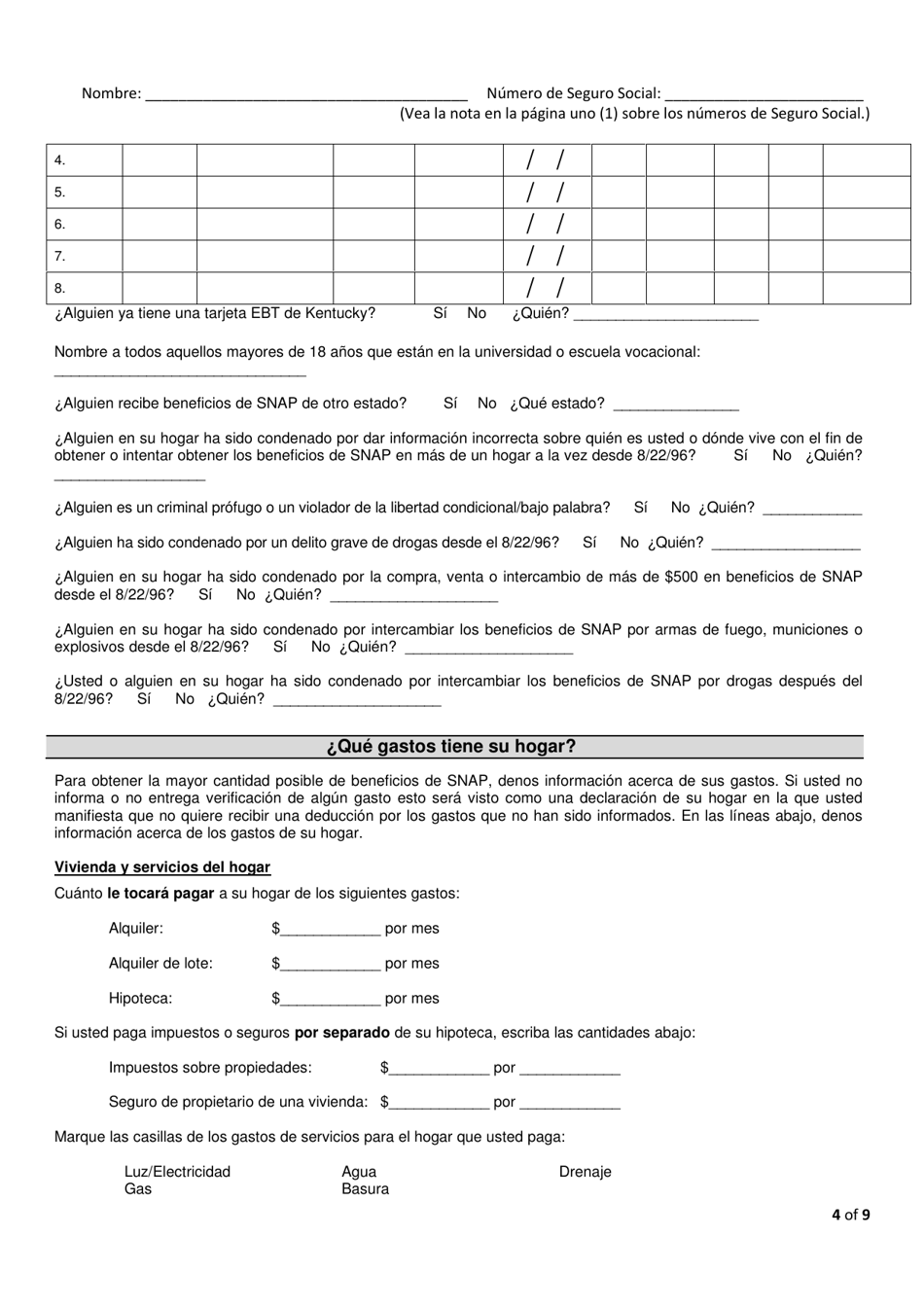 Formulario FS-1 Solicitud Para El Programa Snap - Kentucky (Spanish), Page 6