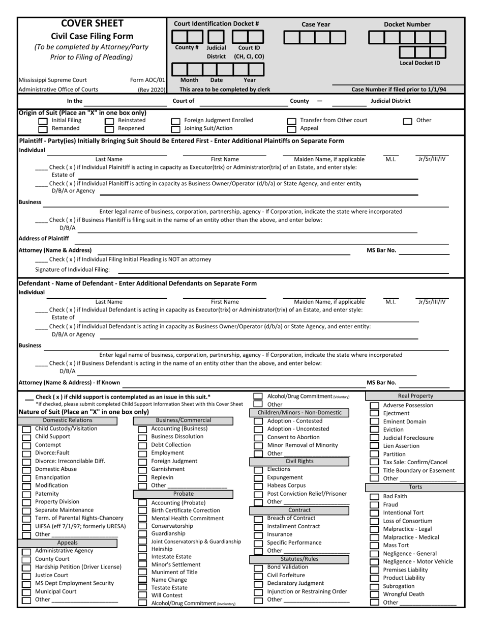 Form AOC / 01 Civil Case Filing Form Cover Sheet - Mississippi, Page 1