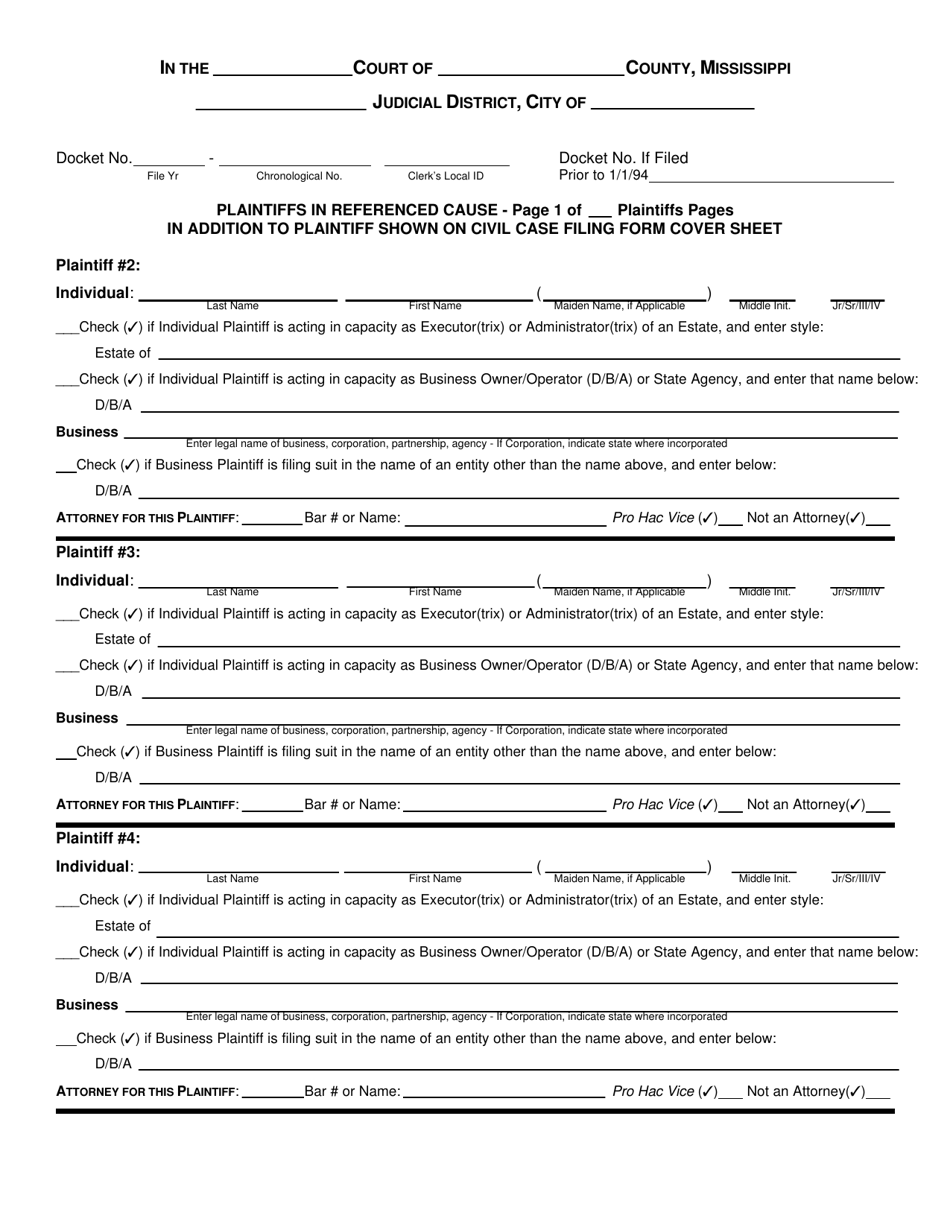 Form AOC / 01 Civil Case Filing Form Cover Sheet - Mississippi, Page 2