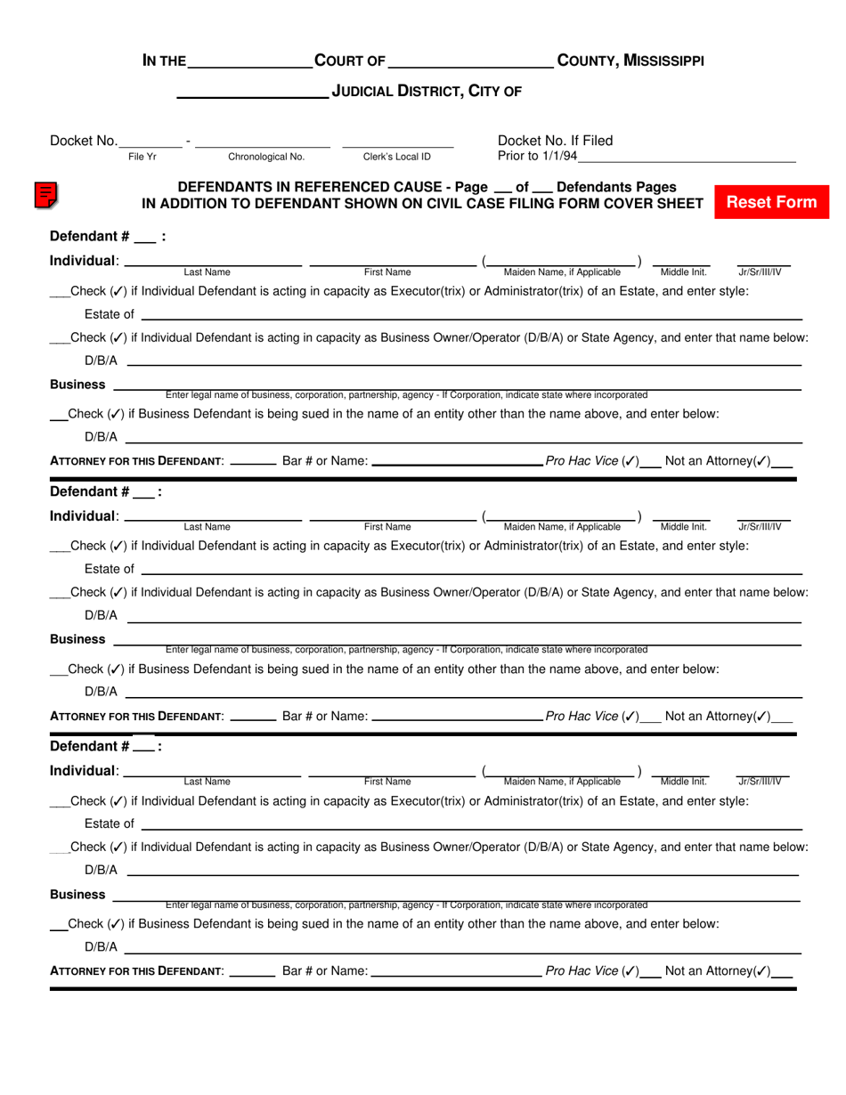 Form AOC / 01 Civil Case Filing Form Cover Sheet - Mississippi, Page 5