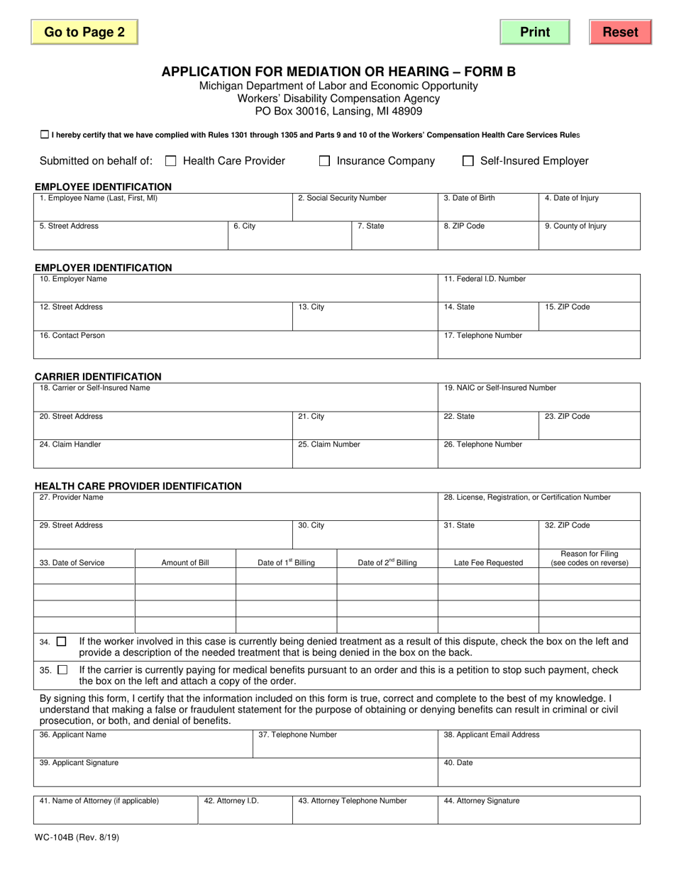 Form B (WC-104B) Application for Mediation or Hearing - Michigan, Page 1