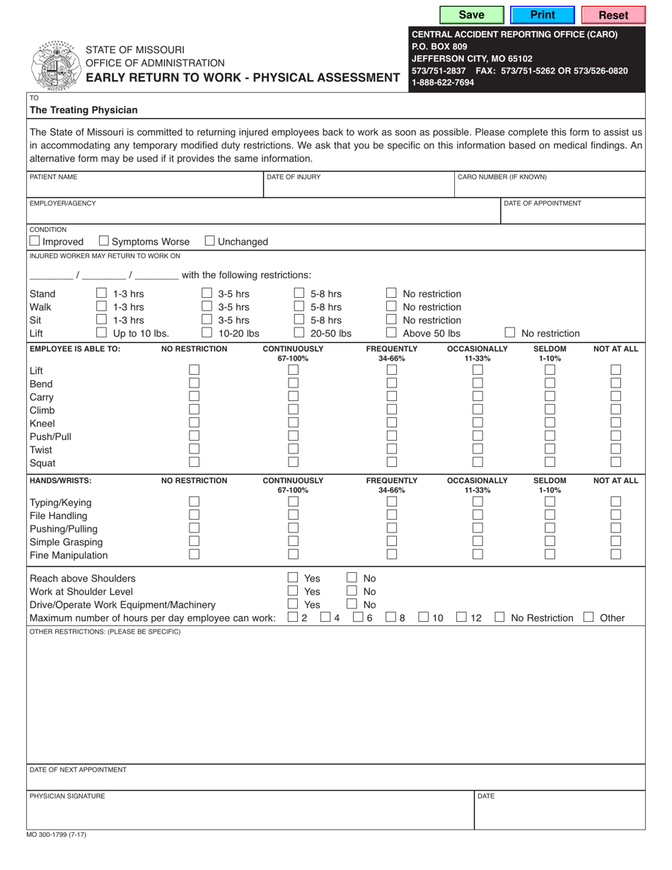 Form MO300-1799 Early Return to Work - Physical Assessment - Missouri, Page 1