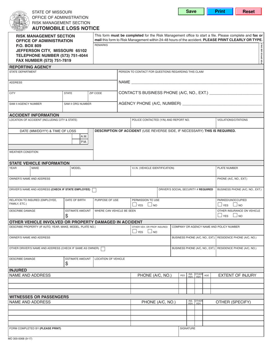 Form MO300-0068 Automobile Loss Notice - Missouri, Page 1