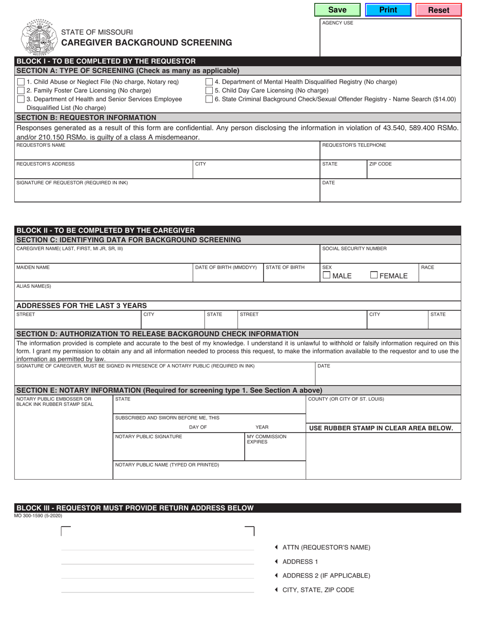 Form MO300-1590 Caregiver Background Screening - Missouri, Page 1