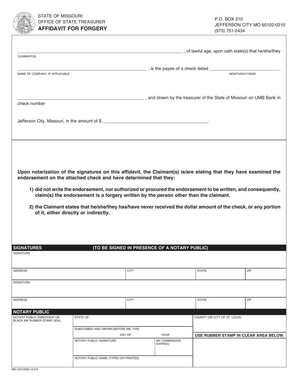 Form MO272-0025 Affidavit for Forgery - Missouri, Page 1