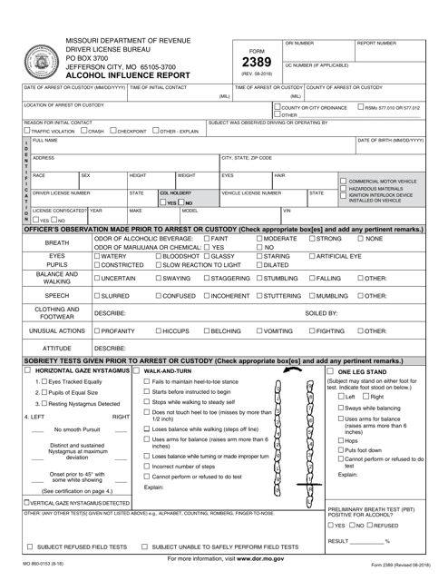 Form 2389 (MO860-0153) Alcohol Influence Report - Missouri