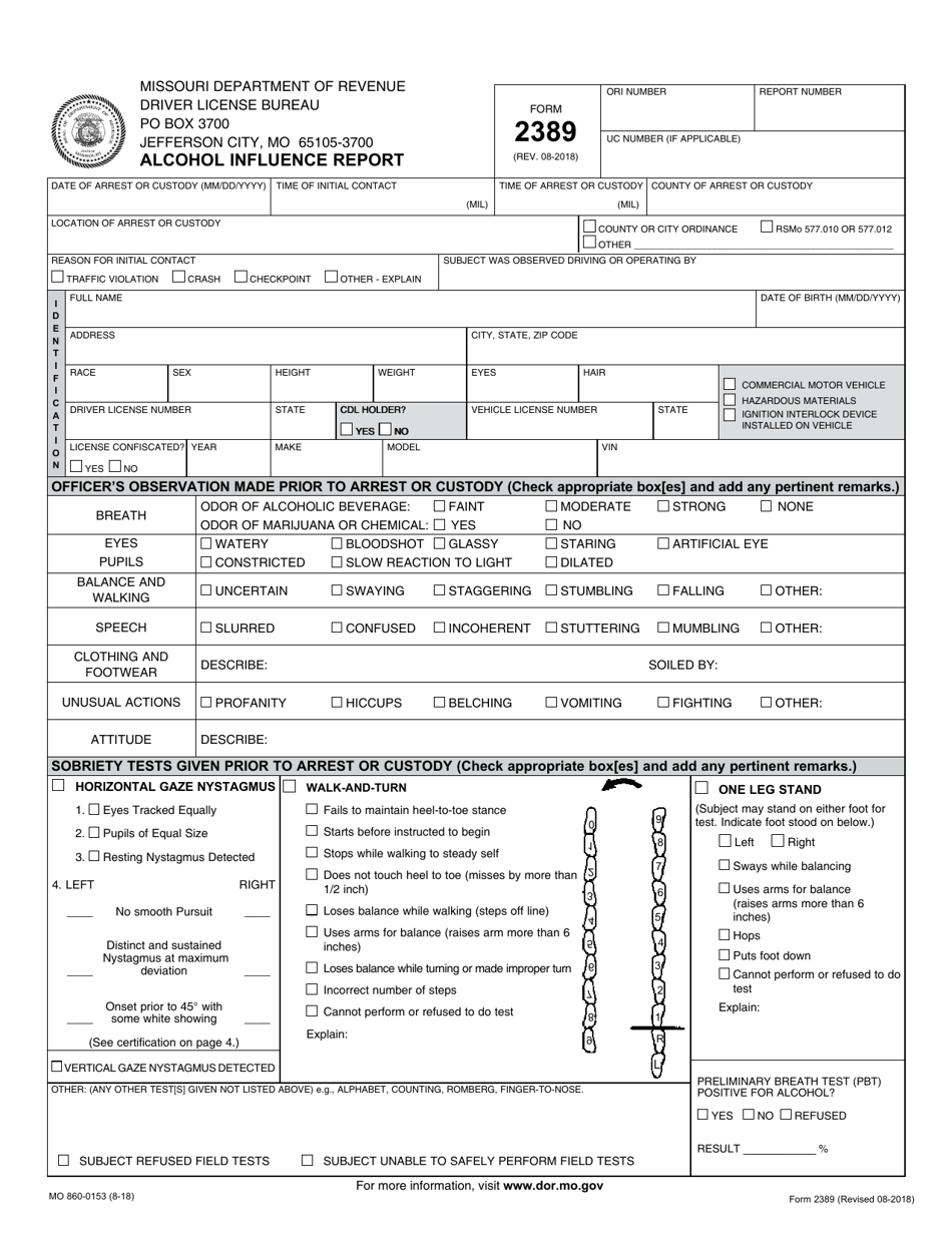 Form 2389 (MO860-0153) Alcohol Influence Report - Missouri, Page 1