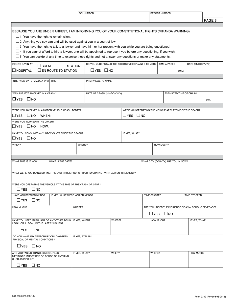 Form 2389 (MO860-0153) Alcohol Influence Report - Missouri, Page 3