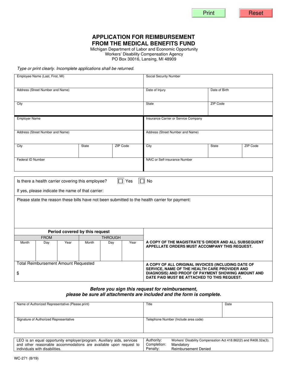Form WC-271 Application for Reimbursement From the Medical Benefits Fund - Michigan, Page 1