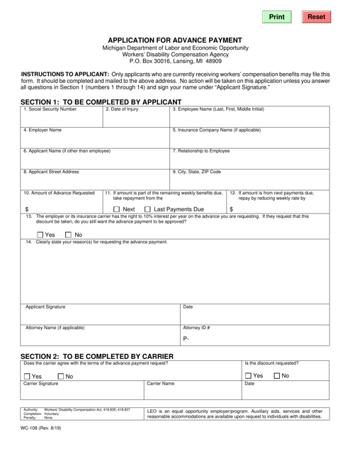 Form WC-108 Application for Advance Payment - Michigan