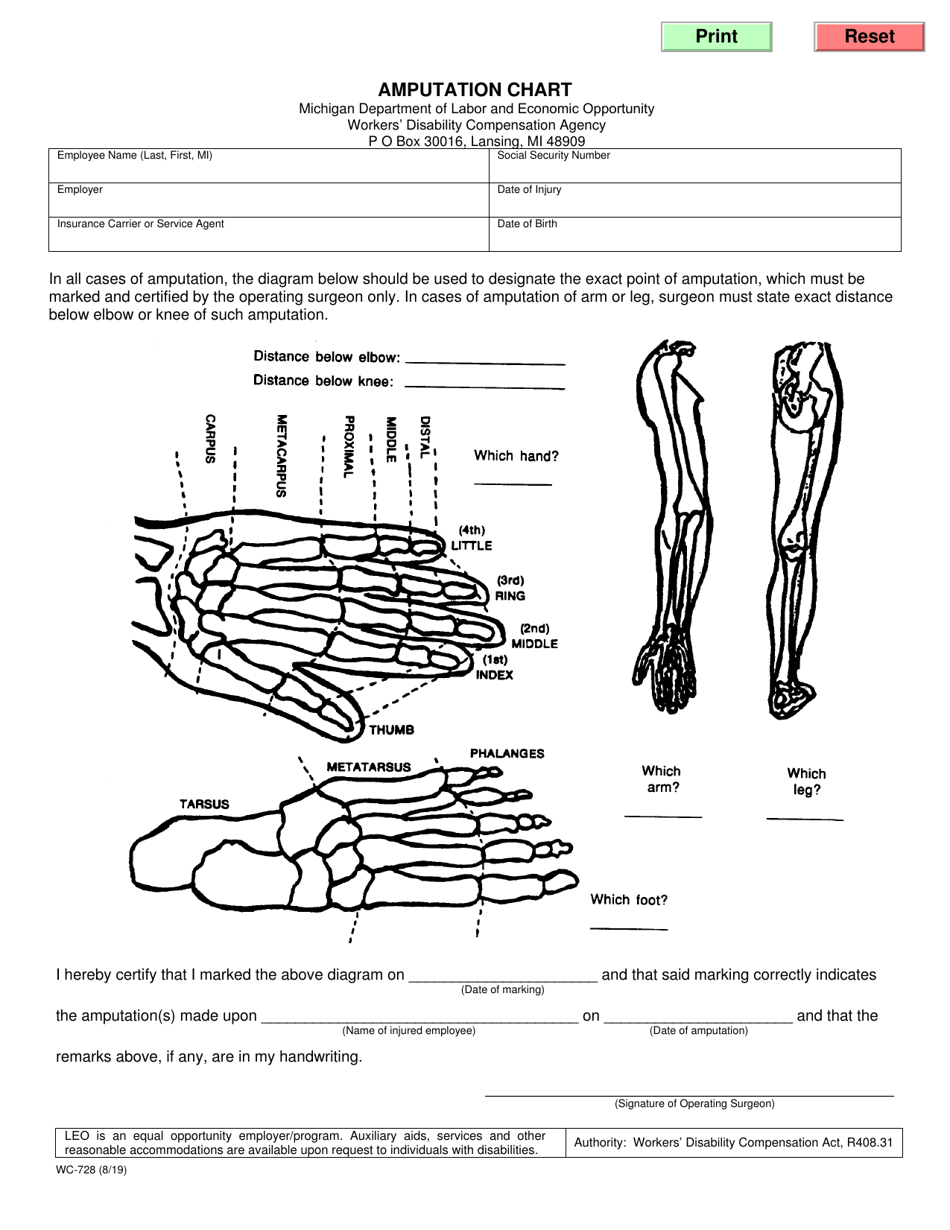 Form WC-728 Amputation Chart - Michigan, Page 1
