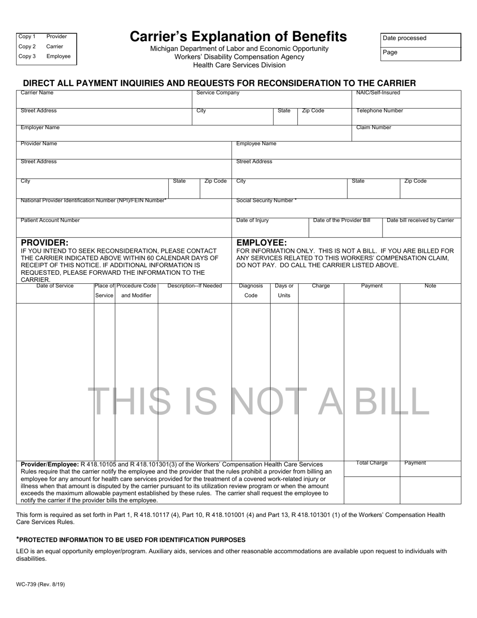 Form WC-739 Carriers Explanation of Benefits - Michigan, Page 1