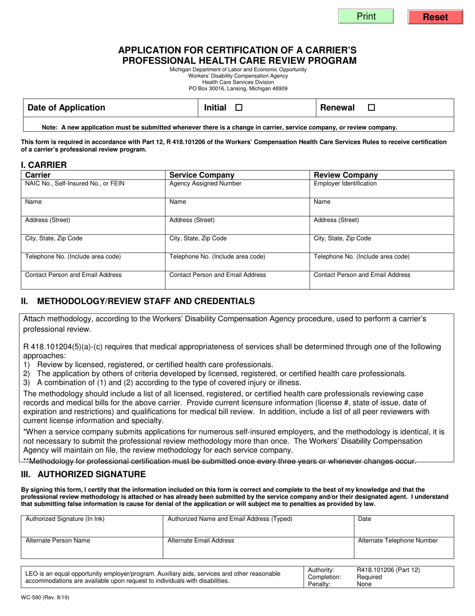 Form WC-590 Application for Certification of a Carriers Professional Health Care Review Program - Michigan, Page 1