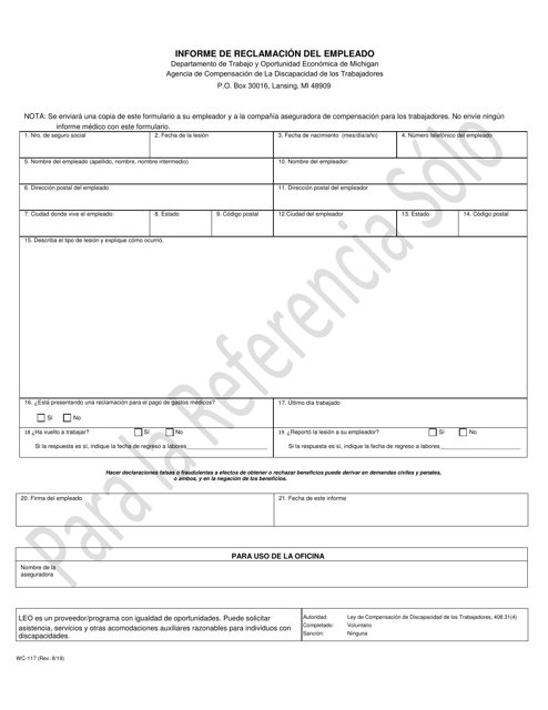 Formulario WC-117 Informe De Reclamacion Del Empleado - Michigan (Spanish)